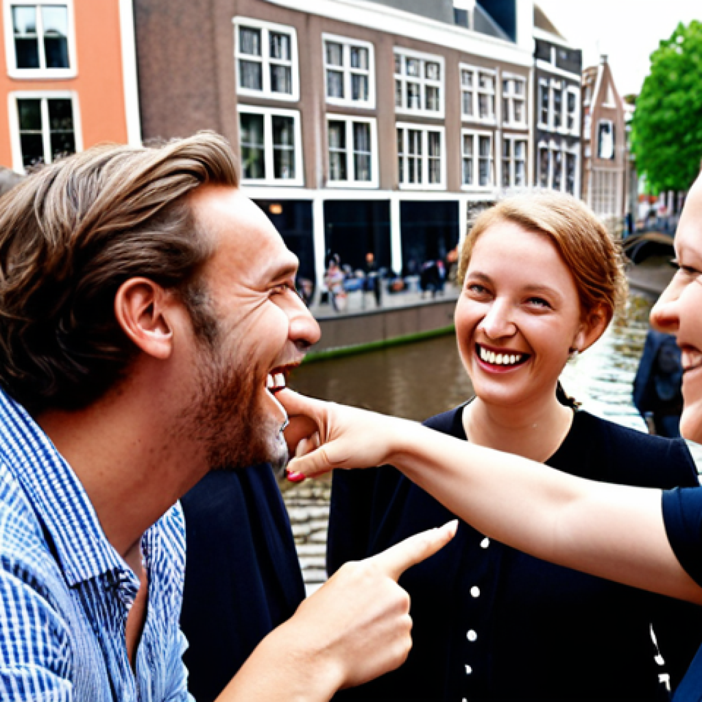 **Authentic connections in Dutch event management:** A diverse group of event professionals in the Netherlands, actively engaged in genuine conversation at a vibrant, informal networking event. Focus on warm human interaction, shared laughter, and trust-building, possibly with a subtle nod to Dutch architecture or a canal in the background. The scene should convey collaboration and the exchange of ideas leading to a solution, perhaps with someone pointing to an innovative sustainable event concept.