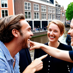 **Authentic connections in Dutch event management:** A diverse group of event professionals in the Netherlands, actively engaged in genuine conversation at a vibrant, informal networking event. Focus on warm human interaction, shared laughter, and trust-building, possibly with a subtle nod to Dutch architecture or a canal in the background. The scene should convey collaboration and the exchange of ideas leading to a solution, perhaps with someone pointing to an innovative sustainable event concept.