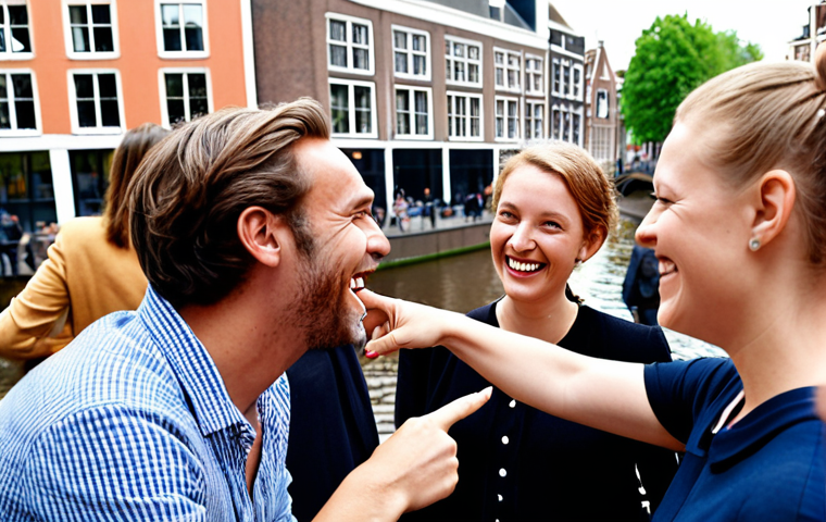**Authentic connections in Dutch event management:** A diverse group of event professionals in the Netherlands, actively engaged in genuine conversation at a vibrant, informal networking event. Focus on warm human interaction, shared laughter, and trust-building, possibly with a subtle nod to Dutch architecture or a canal in the background. The scene should convey collaboration and the exchange of ideas leading to a solution, perhaps with someone pointing to an innovative sustainable event concept.